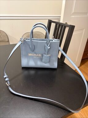 Michael Kors Powder Blue Pebble Leather Satchel with Strap